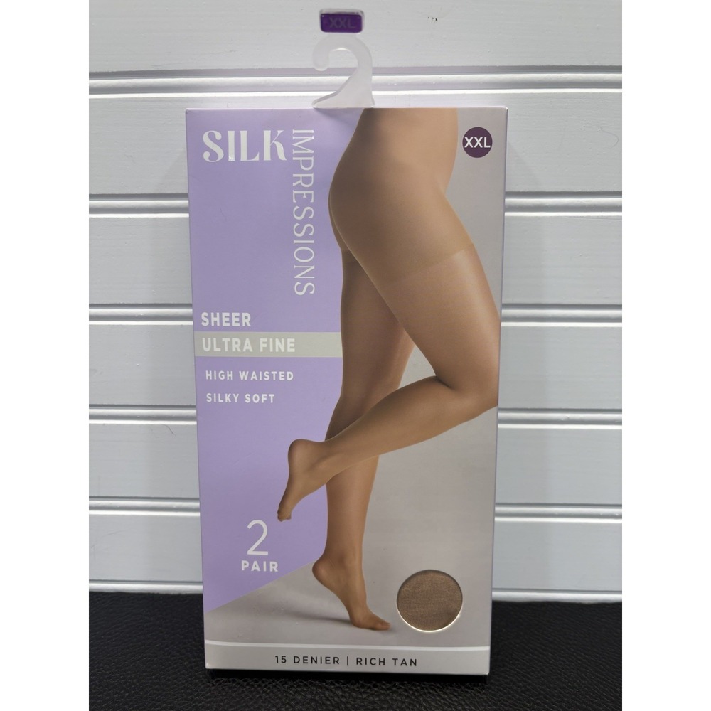 Silk Impressions Women's Ultra Fine Sheer Tights Pantyhose 2 Pair Rich Tan XXL